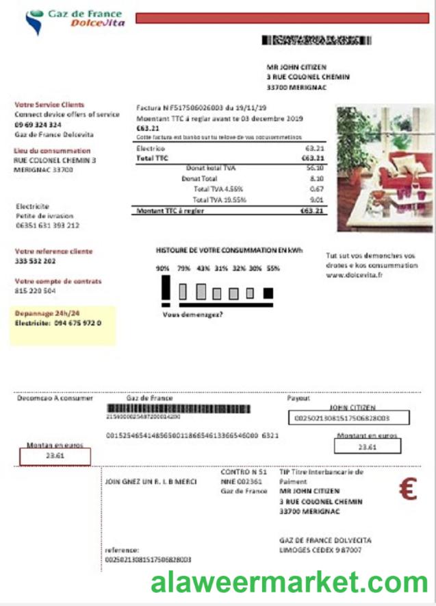 France Gaz de France Dolcevita utility bill